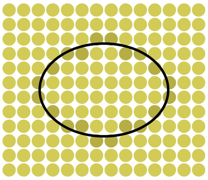 Padrão de círculos amarelos com ilusão óptica oval oculta Ilusão de ótica com vários círculos amarelos organizados formando um padrão com oval escuro escondido no centro