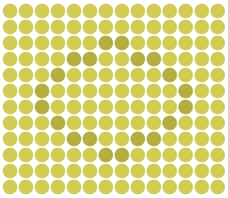 Consegue ver a forma oval? Ilusão de ótica com vários círculos amarelos organizados formando um padrão com oval escuro escondido no centro