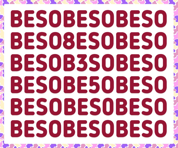 Encontre o número 8350 entre as letras BESO neste teste de percepção visual. Ilusão de ótica composta por linhas com a palavra BESO e números intercalados formando um desafio visual