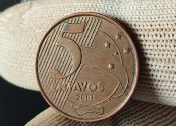 Close de uma moeda de 5 centavos do ano 2001 sendo segurada por dedos que usam luvas de tecido branco. A moeda de cobre mostra o número 5, a palavra "CENTAVOS" e o ano 2001 em destaque.