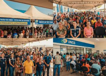 Pessoas aguardam em filas e sentadas sob tendas durante mutirão do INSS com servidores atendendo a população.