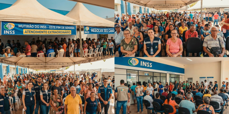 Pessoas aguardam em filas e sentadas sob tendas durante mutirão do INSS com servidores atendendo a população.