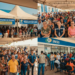 Pessoas aguardam em filas e sentadas sob tendas durante mutirão do INSS com servidores atendendo a população.