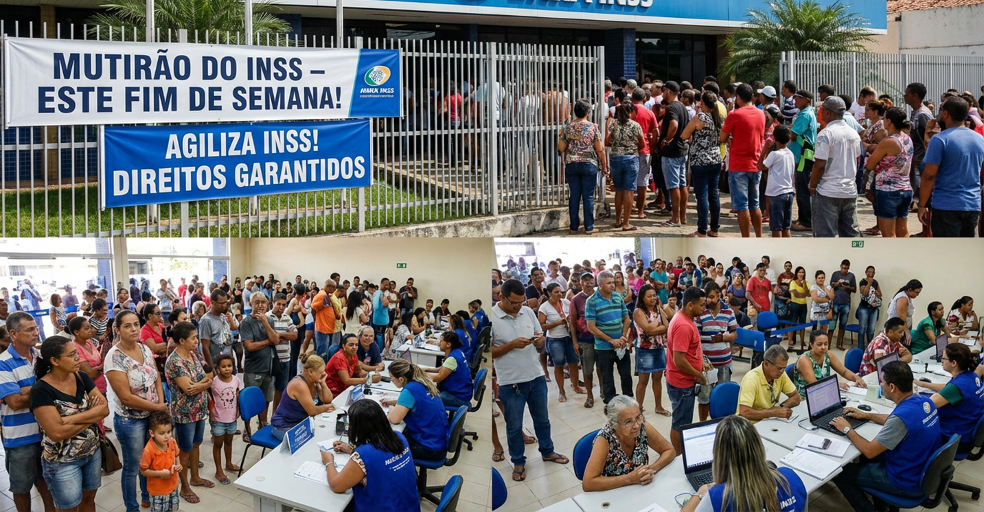 Mutirões do INSS Pessoas em fila aguardam atendimento em agência do INSS durante mutirão, com equipe atendendo cidadãos em mesas.