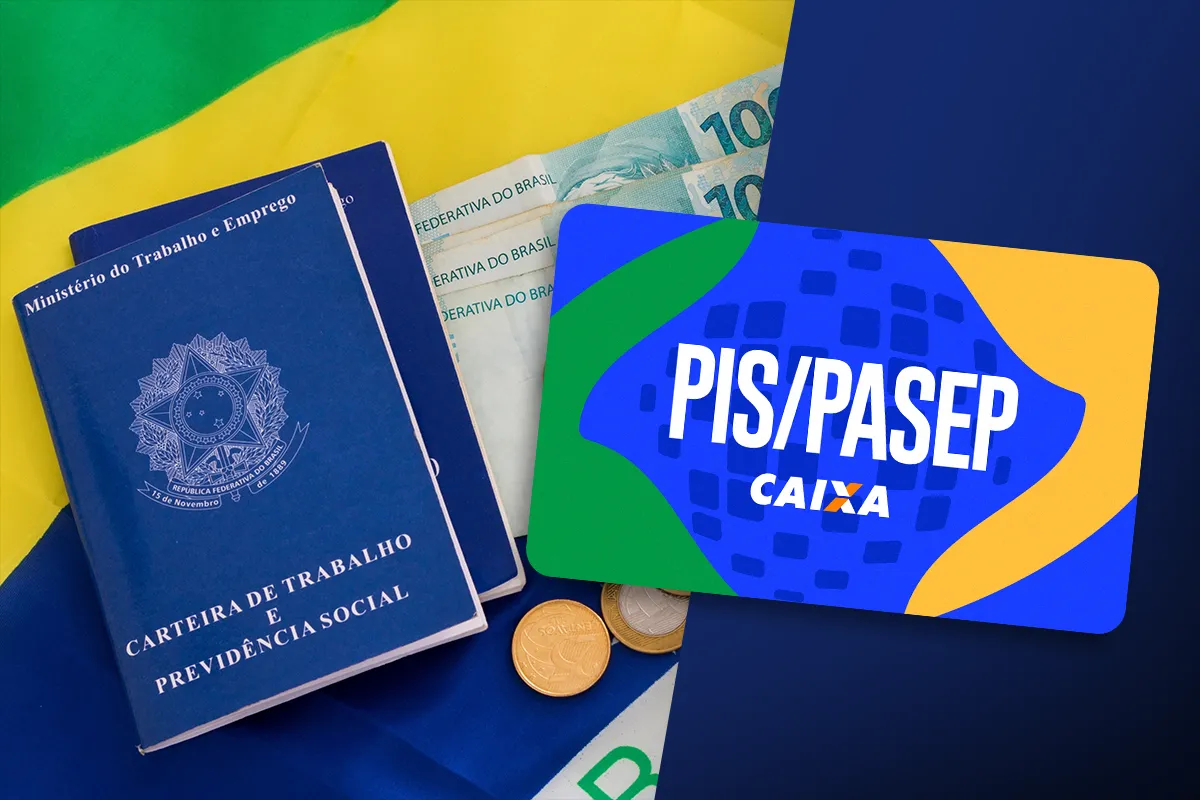 Novas Regras de Elegibilidade para o PIS/Pasep em 2026 Imagem do cartão PIS/Pasep, cédulas de 100 reais e a carteira de trabalho, ilustrando as novas regras de elegibilidade para o benefício.