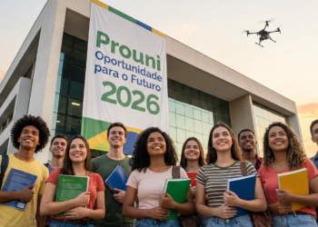 Grupo de jovens segura cadernos e sorri em frente a prédio com faixa do Prouni 2026 ao entardecer.