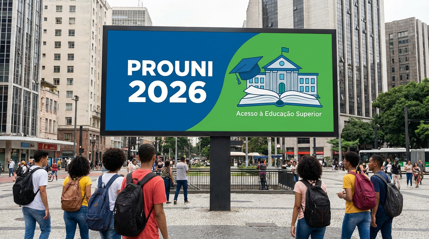 Prouni 2026 Jovens com mochilas observam painel digital que exibe anúncio do Prouni 2026 em avenida movimentada