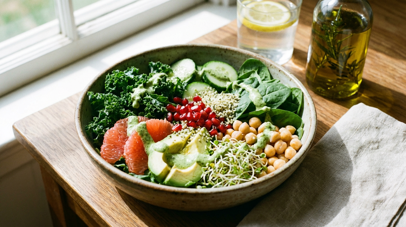 Salada detox Tigela de salada com folhas verdes, grão-de-bico, abacate, brotos, grapefruit e molho verde sobre mesa de madeira clara.