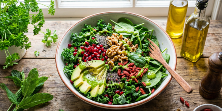 Prato fundo com salada verde, abacate fatiado, nozes, chia, goji berry e molho ao lado de azeites sobre mesa de madeira.