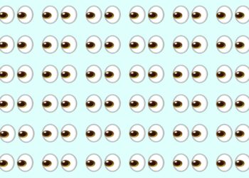 Teste viral com vários pares de olhos desenhados com pupilas para a mesma direção, apenas um dos olhos está na direção oposta sobre o fundo azul