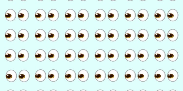 Teste viral com vários pares de olhos desenhados com pupilas para a mesma direção, apenas um dos olhos está na direção oposta sobre o fundo azul