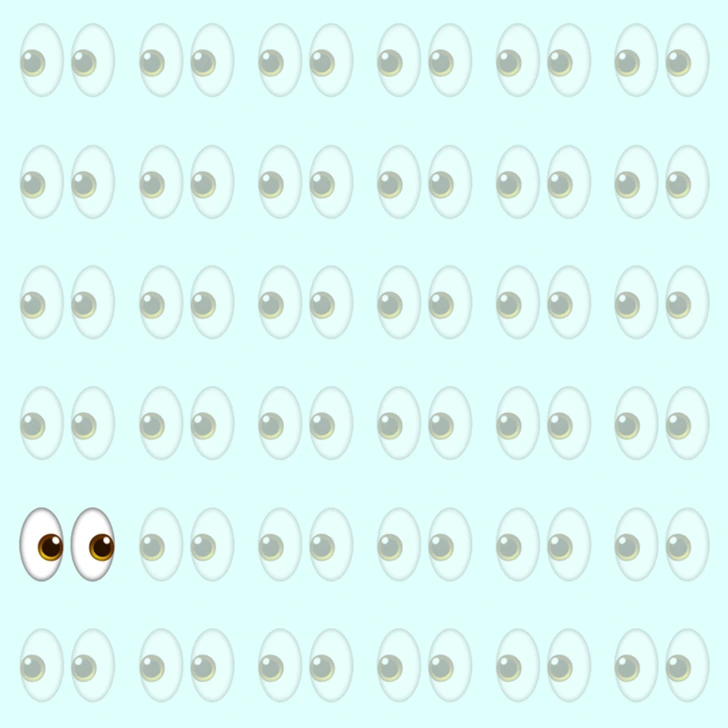 Teste viral com vários olhinhos em padrão visual Teste viral com vários pares de olhos desenhados com pupilas para a mesma direção, apenas um dos olhos está na direção oposta sobre o fundo azul