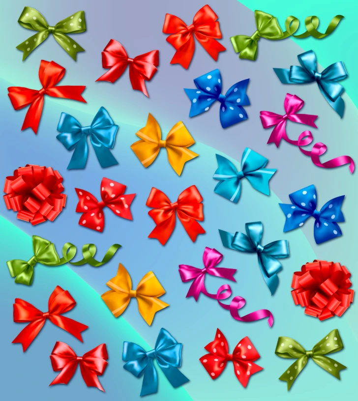 Encontre o laço que não se repete neste desafio visual. Teste visual com diversos laços coloridos estão espalhados sobre um fundo azul, com um laço diferente entre os repetidos