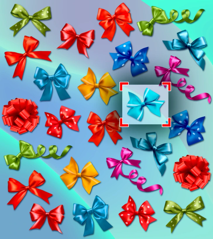 Laços coloridos em teste visual de diferenças para 2026 Teste visual com diversos laços coloridos estão espalhados sobre um fundo azul, com um laço diferente entre os repetidos