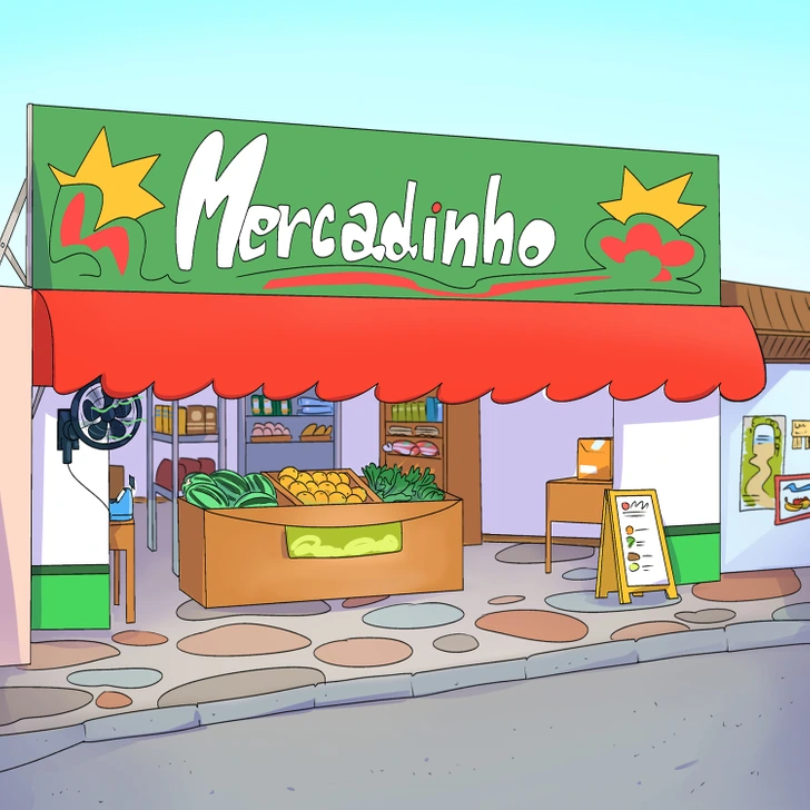Você consegue encontrar o erro nesta cena de mercadinho? Teste de atenção com uma fachada de mercadinho com frutas expostas e itens fora do lugar