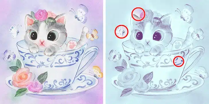 Gatinho em xícara desafiando atenção: 3 diferenças para encontrar Teste de atenção com gatinho cinza e branco com flor na cabeça dentro de xícara decorada com borboletas ao redor.