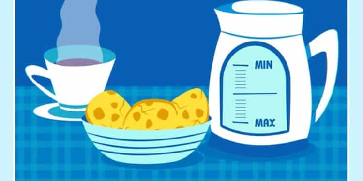 Teste de atenção com a cafeteira sem fio, xícara com chá roxo e bowl de pães em mesa xadrez azul