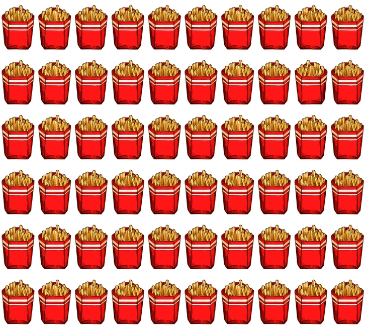 Encontre a batata frita diferente neste desafio de concentração! Teste de concentração com diversas caixas de batata frita organizadas em linhas iguais, uma diferente entre elas.
