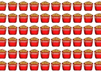 Teste de concentração com diversas caixas de batata frita organizadas em linhas iguais, uma diferente entre elas.