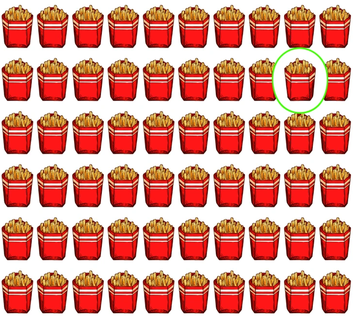 Porções de batata frita para teste de atenção visual 2026 Teste de concentração com diversas caixas de batata frita organizadas em linhas iguais, uma diferente entre elas.