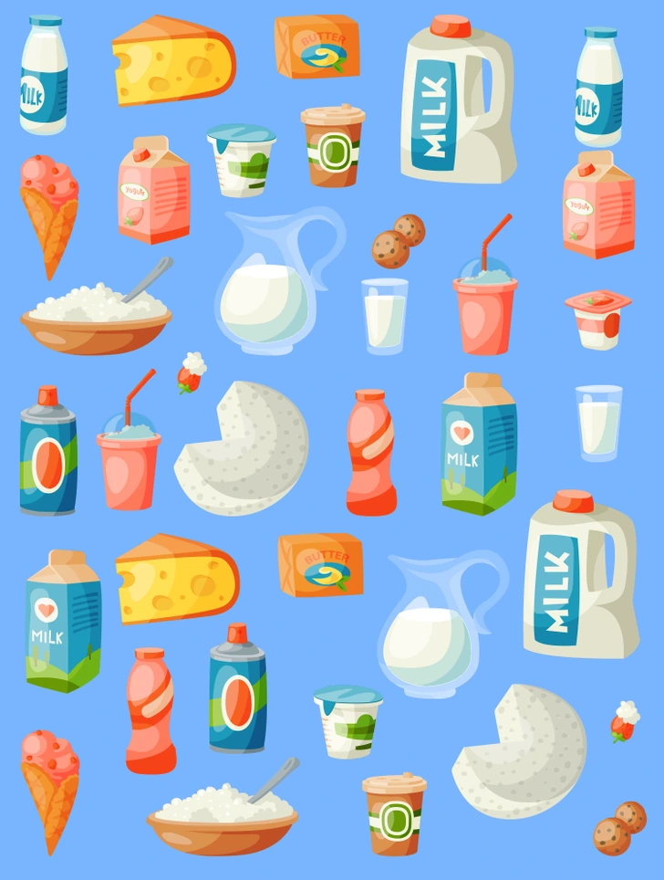 Vários alimentos derivados do leite possuem seus pares. Desafio lançado: localize o item sem par! Teste de observação: Sorvete de casquinha rosa entre diversos laticínios como leite, queijo e iogurte