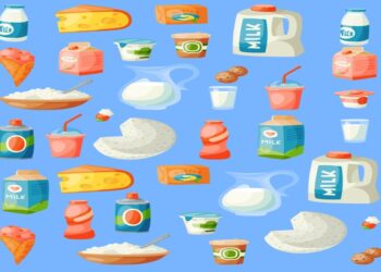 Teste de observação: Sorvete de casquinha rosa entre diversos laticínios como leite, queijo e iogurte