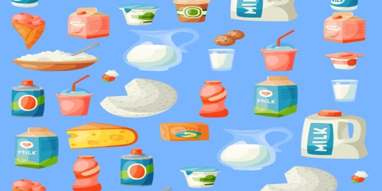 Teste de observação: Sorvete de casquinha rosa entre diversos laticínios como leite, queijo e iogurte