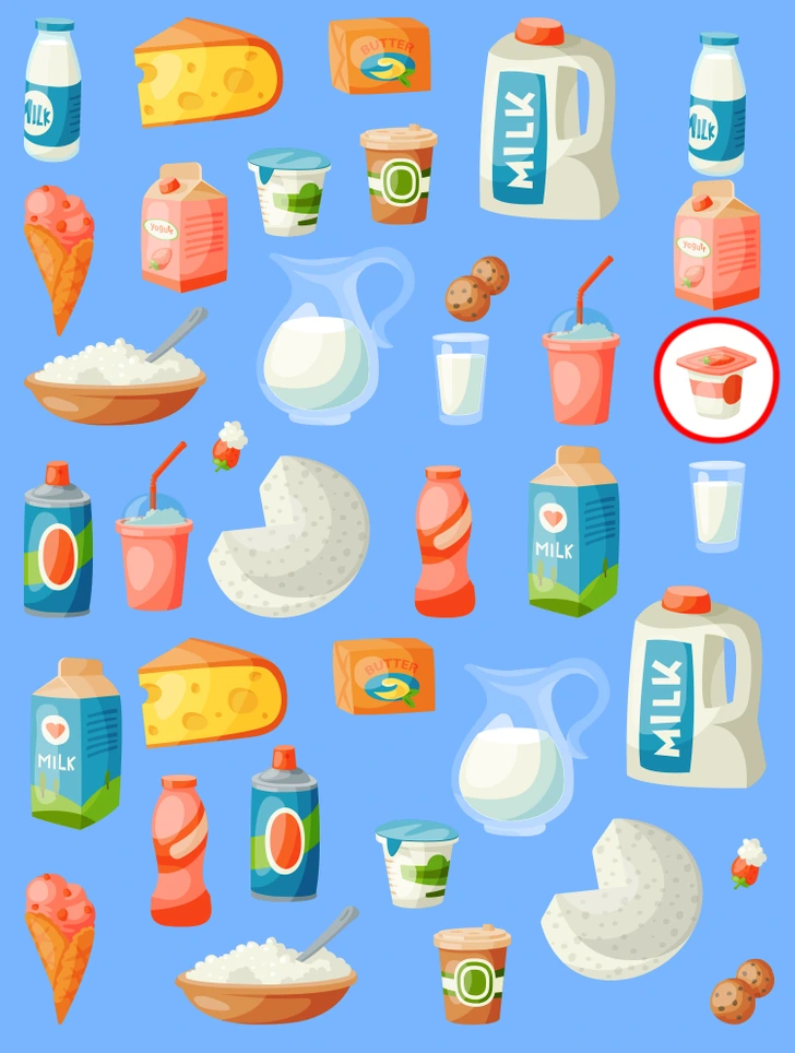 Encontre, entre vários laticínios, o único item que não tem par. Teste de observação: Sorvete de casquinha rosa entre diversos laticínios como leite, queijo e iogurte