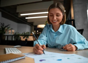 Profissional formada em Administração analisando gráficos e planejando estratégias de carreira em escritório moderno.