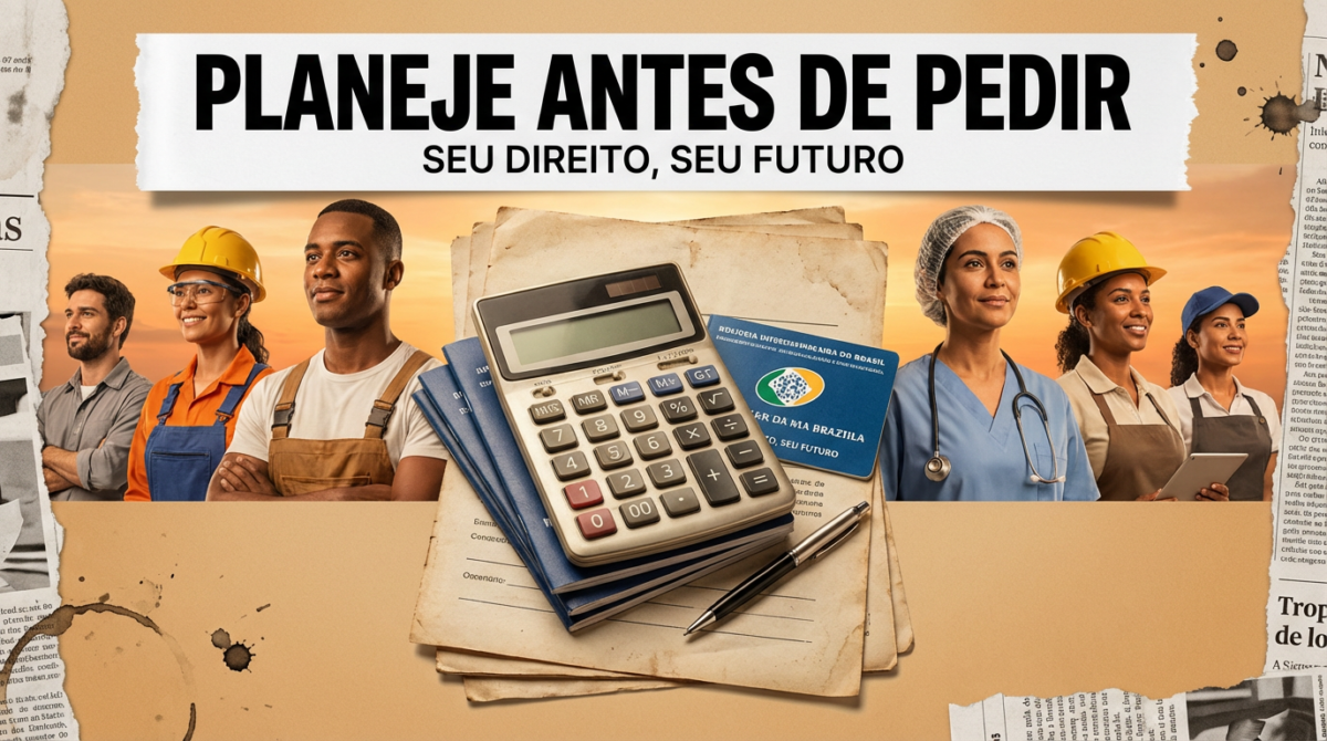 Aposentadoria especial Grupo de trabalhadores de diferentes setores posando ao entardecer, com carteira assinada e calculadora ao centro