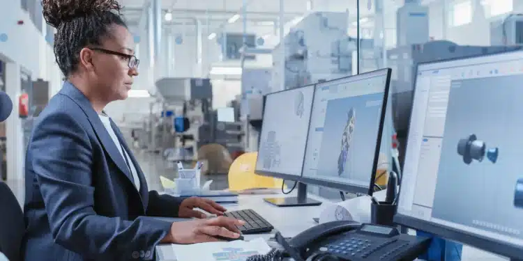 Profissional trabalhando com modelagem 3D no escritório, com foco em design e desenvolvimento de produtos no setor de tecnologia.