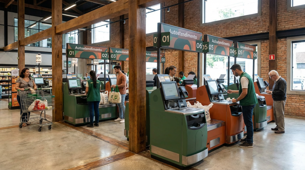 Autoatendimento Pessoas usam caixas de autoatendimento em supermercado, funcionários auxiliam clientes