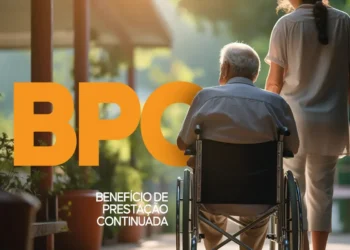 Idoso em cadeira de rodas sendo acompanhado por uma cuidadora, com o texto 'BPC' em destaque sobre a imagem.