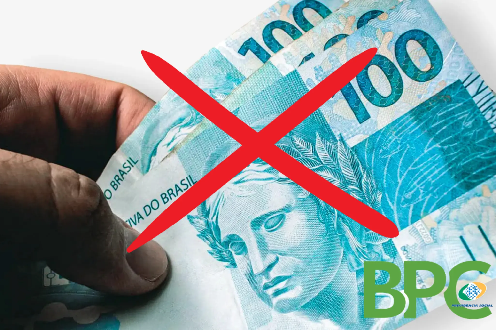 Principais causas de atraso no pagamento do BPC Notas de 100 reais brasileiras com um 'X' vermelho, representando as causas de atraso no pagamento do BPC devido a pendências