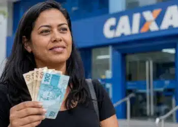 Mulher brasileira segurando dinheiro em frente a uma agência da Caixa, representando pagamentos de até R$ 1.050.