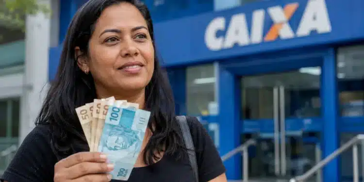 Mulher brasileira segurando dinheiro em frente a uma agência da Caixa, representando pagamentos de até R$ 1.050.