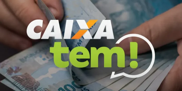 Logo do Caixa Tem com notas de 100 reais e anúncio sobre Pix de até R$ 1.000