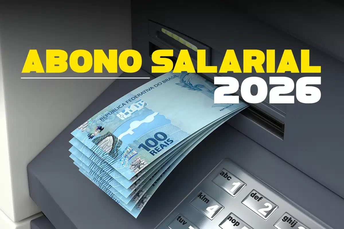 Abono Salarial PIS/Pasep 2026 - Cálculo do valor do benefício Cédulas de real saindo de um caixa eletrônico com texto do Abono Salarial 2026, representando o cálculo do valor do benefício conforme a quantidade de meses trabalhados.