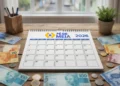 Calendário Pé-de-Meia 2026 rodeado por cédulas e moedas brasileiras em mesa de madeira