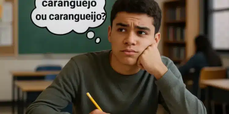 Jovem refletindo sobre qual forma escrever: caranguejo ou carangueijo