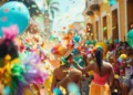 Multidão celebra o Carnaval em rua decorada com confetes e balões coloridos durante desfile festivo.