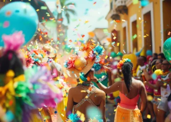 Multidão celebra o Carnaval em rua decorada com confetes e balões coloridos durante desfile festivo.