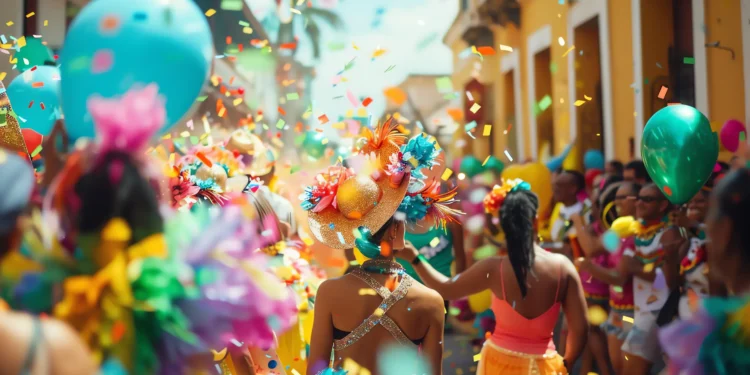 Multidão celebra o Carnaval em rua decorada com confetes e balões coloridos durante desfile festivo.
