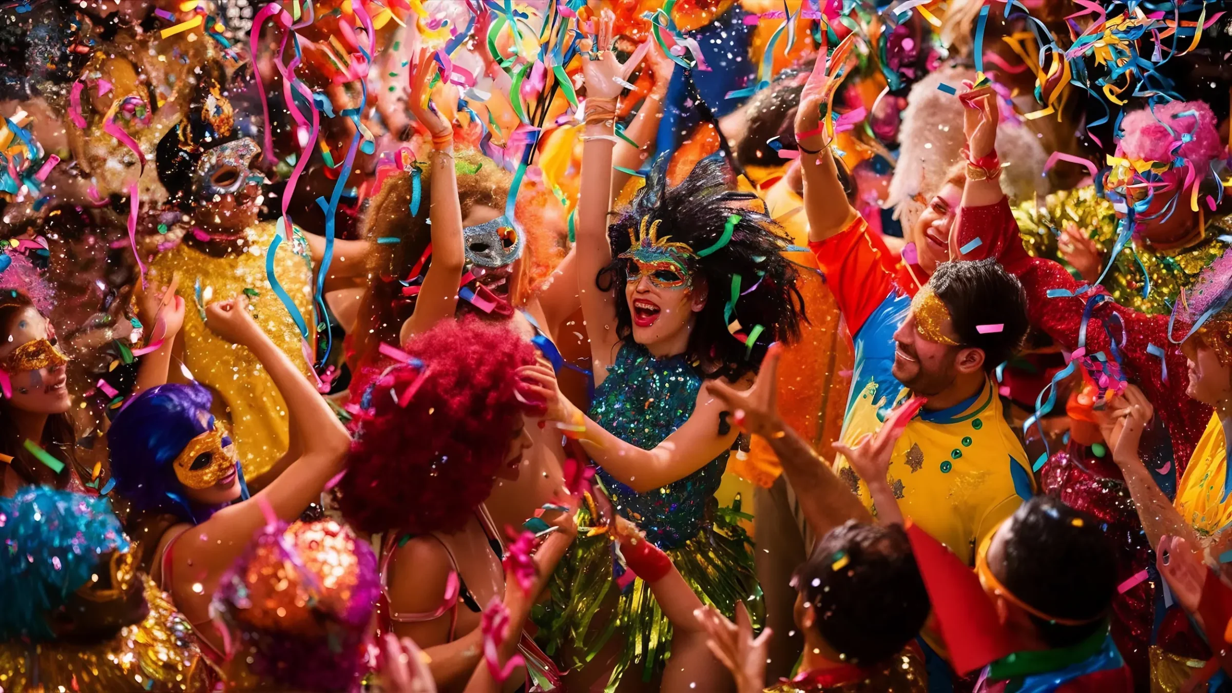 Carnaval não é feriado nacional no Brasil Foliões fantasiados celebram o Carnaval com confetes e máscaras em festa de rua no Brasil.