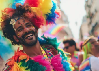 Pessoa sorrindo e vestindo fantasia colorida de Carnaval durante a folia, com um ambiente festivo e colorido ao fundo.