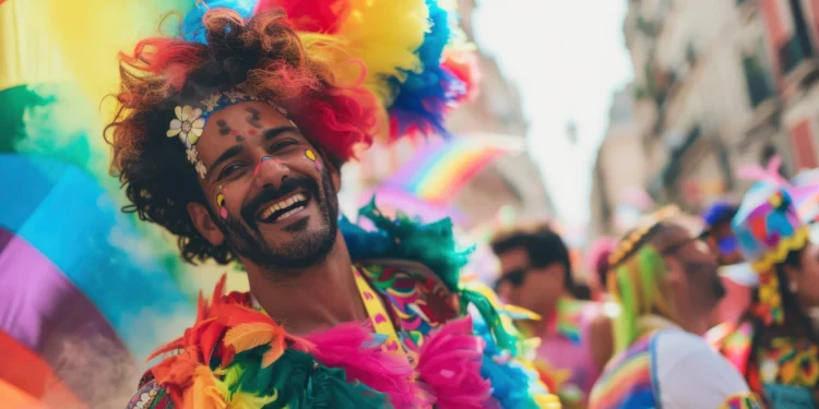 Pessoa sorrindo e vestindo fantasia colorida de Carnaval durante a folia, com um ambiente festivo e colorido ao fundo.