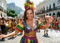 Mulher sorridente com fantasia colorida e adereço de frutas dança em bloco de Carnaval nas ruas.