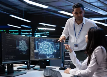 Profissionais discutindo sobre inteligência artificial em um escritório moderno, com código e gráficos relacionados à IA nas telas.