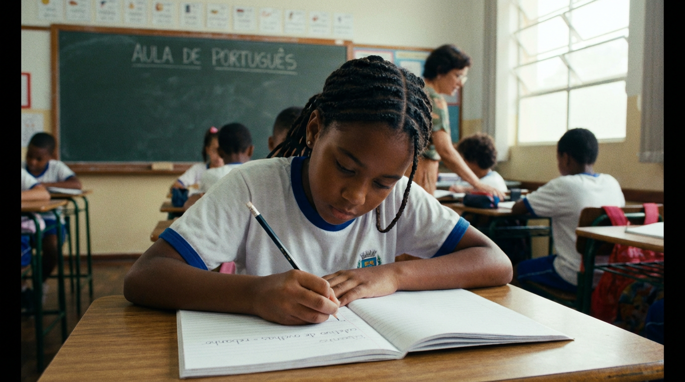 Coletivo de ovelhas Menina escreve no caderno durante aula de Português, sentada em carteira escolar.