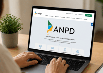 Especialista da ANPD trabalhando em escritório com computador sobre proteção de dados.